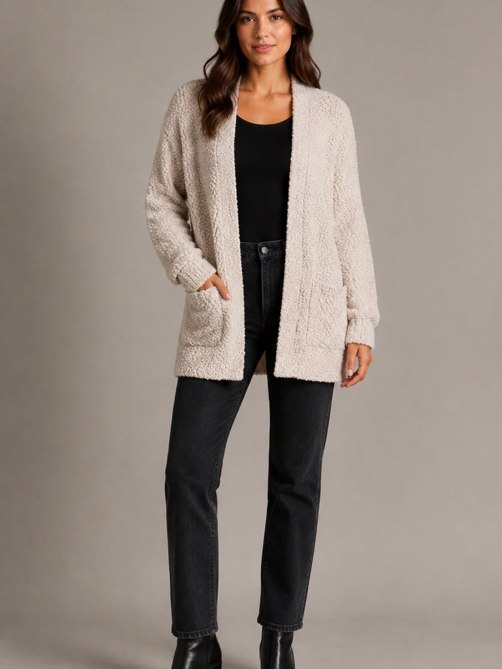 Zenana Outfitters Plush Open-Front Cardigan - Cream